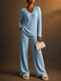 Women V Neck Ribbed Knit 2 Piece Sweater and Wide Leg Pants Set