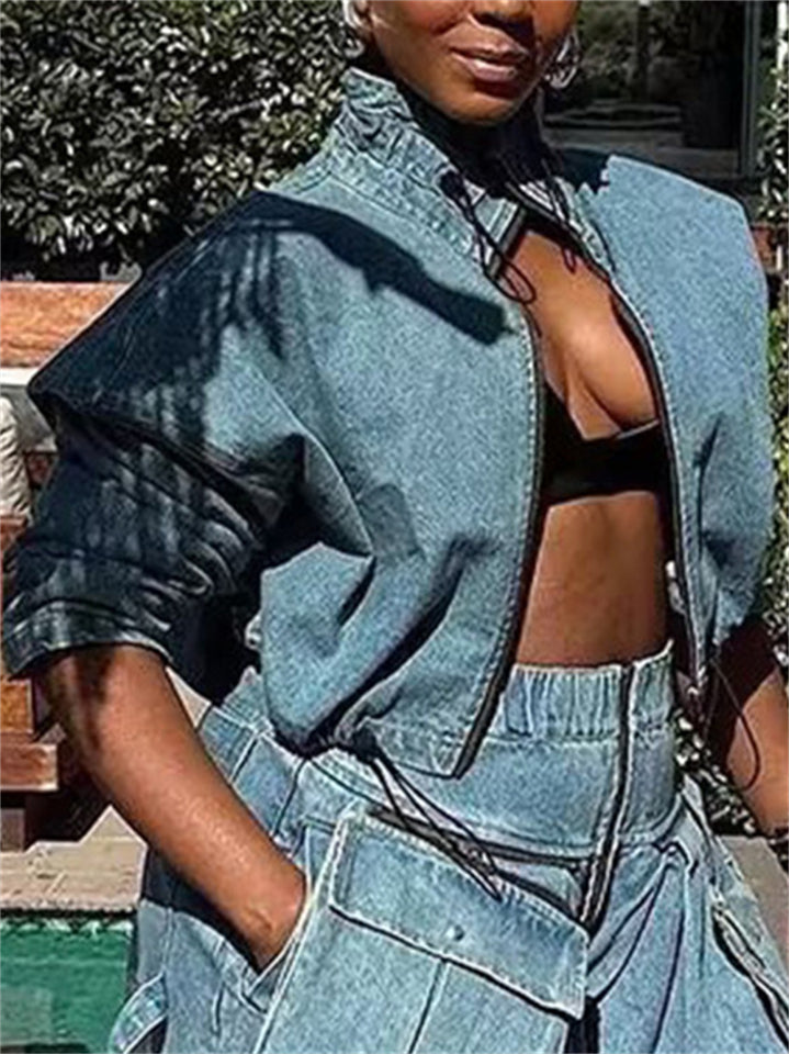 Women's High Waist Distressed Cropped Cargo Denim Top