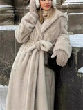 Women's Winter Oversized Beige Long Faux Fur Hooded Coat with Belt