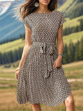 Female Popular Waist Lacing Cap Sleeve Printed Dresses