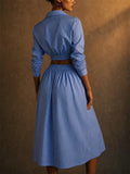Ladies' 2Pcs Summer Trendy Blue Striped Long Sleeve Cropped Top & Skirt Set