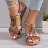 Female Boho Style Non-slip Rhinestone Beach Wedge Sandals