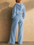Women Exposed Seams Cropped Zip Hoodie and Wide Leg Pants Lounge Set