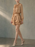 Women's Long Sleeve Pleated Chiffon Ruffle Tiered Mini Dress