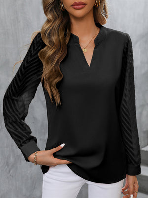 Women's Solid Color Chiffon Patchwork Long Sleeve V Neck Shirt