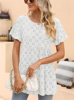 Women's Loose Sweet Style Solid Color Hollow Round Neck Shirts