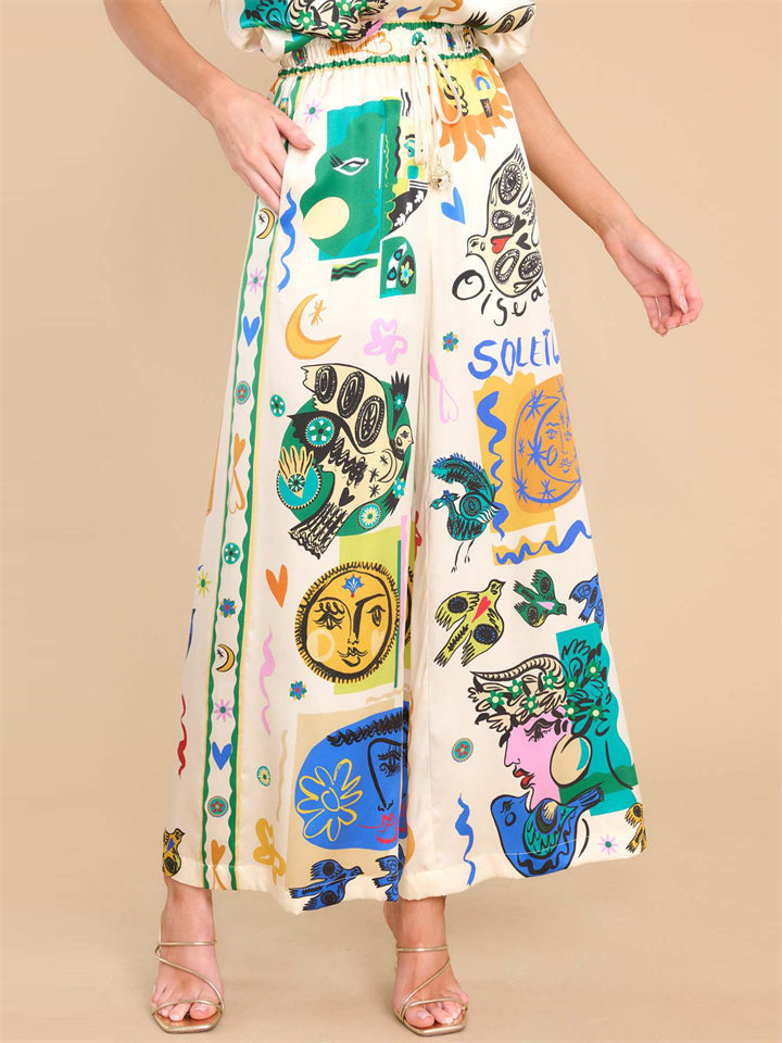 Women's Soft Satin Elastic Waist Graffiti Straight-Leg Pants