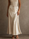 Women High Waist Satin Drawstring Flowy Silky Midi Skirt