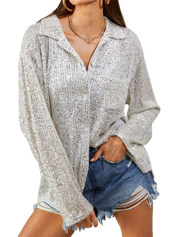Women's Long Sleeve Lapel Temperament Sequin Blouses