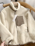 Unisex  Autumn Contrast Color Fleeced Long Sleeve High Neck Coat