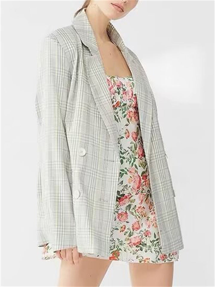 Women's Casual Plaid Double Breasted Suit Collar Coat