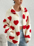 Women's Autumn Fleece Cute Heart Shape Pattern Zip Up Coats