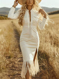 E‌legant Boho Style Stand Collar Fringe Dress for Women with Zipper and Slit‌