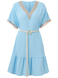 Women's Bohemian Lace V Neck Short Sleeve Ruffled Dress with Waistband