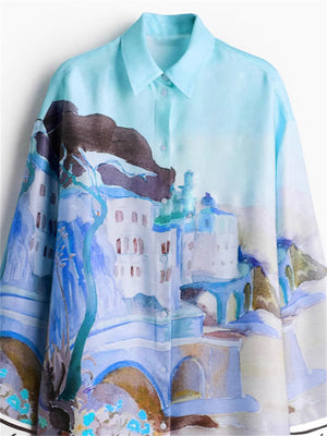 Women's Paniting Style Print Lapel Long Sleeve Blouses