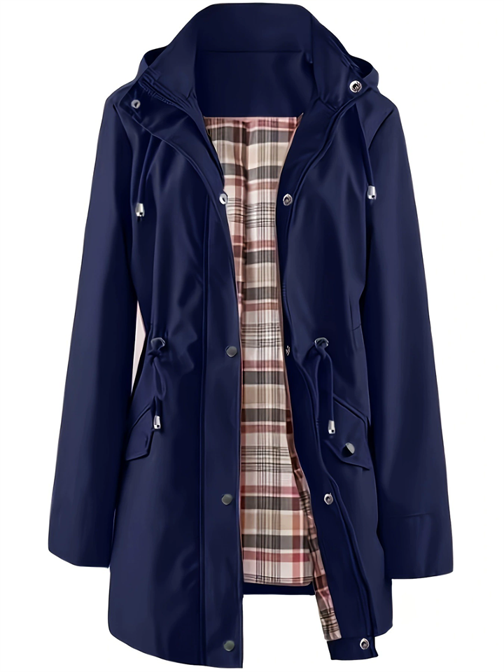 Women's Autumn Drawstring Waist Plaid Lining Trench Coat with Detachable Hood