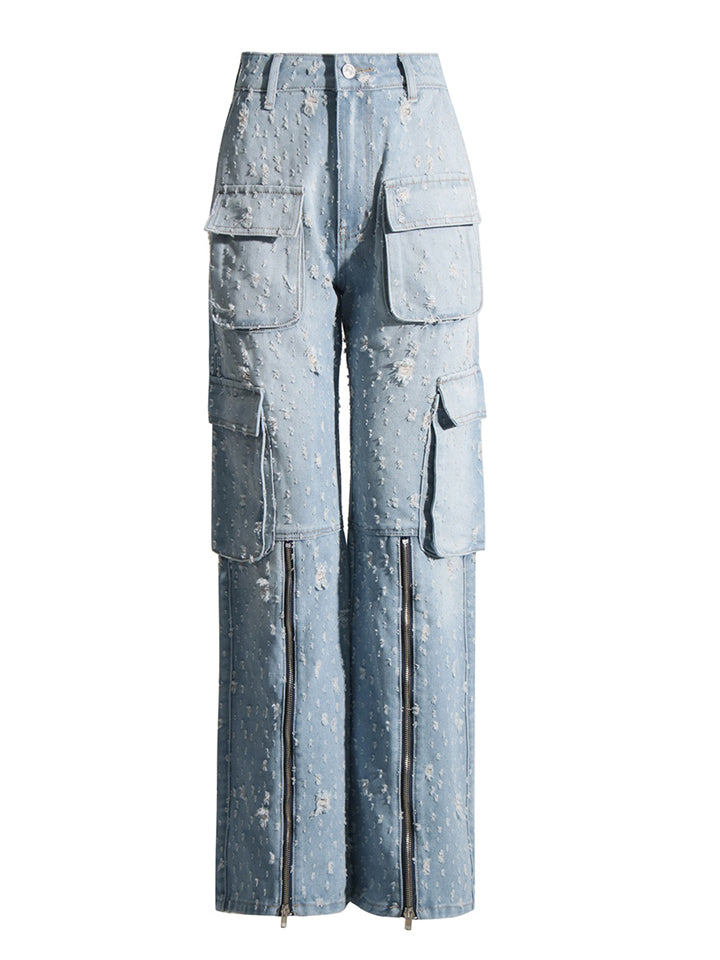 Korean Style Women's Wide Leg Cargo Ripped Denim Pants