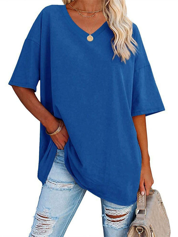 Women's Summer Candy Color Simple V Neck Short Sleeve Shirts