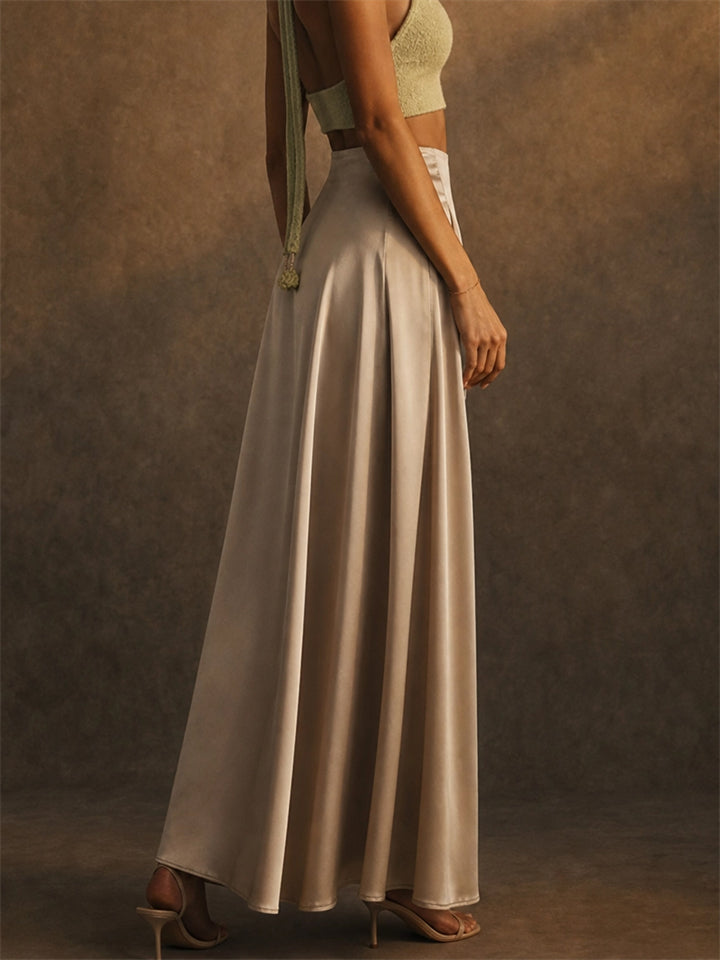Women High Waist Elegant A Line Flowy Long Satin Maxi Skirt