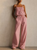 Women Holiday Style Striped 2 Piece Cami and Wide Leg Pants Set
