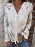 Women's Solid Color Hollow V Neck Button Up Blouses