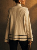 Women Mock Neck Ribbed Knit Sweater with Stripe Detail