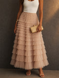 Womens High Waisted Tiered Tulle Layered Mesh Ruffle Maxi Skirts
