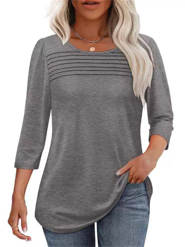 Women's Solid Color Round Neck Pullover 3/4 Sleeve Shirts