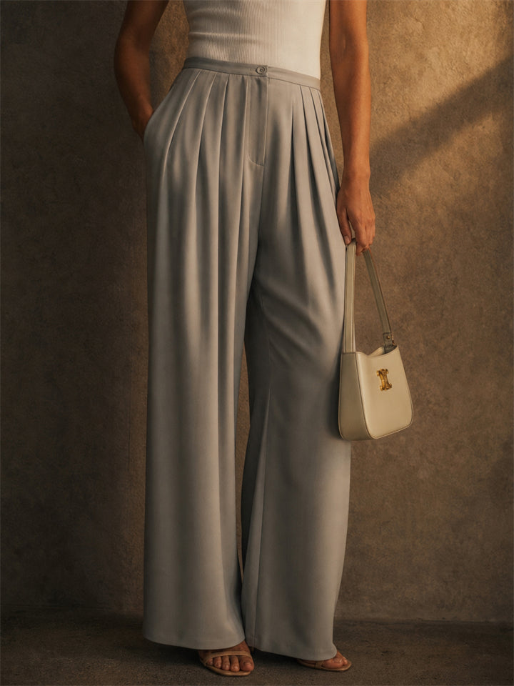 Women High Waist Wide Leg Pleated Chic Office Dress Trousers