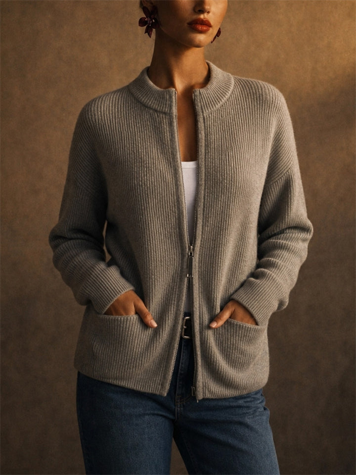 Women Full Zip Ribbed Knit Sweater Jacket with Pockets