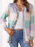 Women's Contrast Color Button Up Round Neck Cardigan Sweater