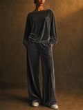 Women Velvet 2 Piece Lounge Set Boat Neck BatWing Sleeve Wide Leg Outfits