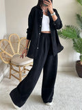 Women's 2Pcs Casual Solid Color Button Up Long Sleeve Shirt & Pants Set