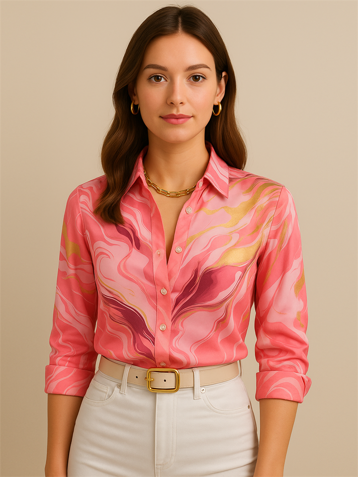 Women's Trendy Contrast Color 3D Print Lapel Long Sleeve Blouses