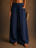 Women Summer Elastic High Waist Wide Leg Pants with Pockets