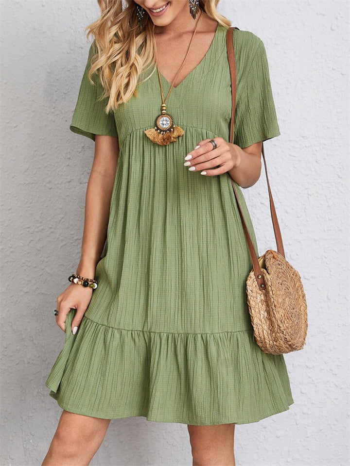 Women's Summer Solid Color V Neck Casual Skater Dresses