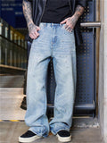Men's Streetwear‌ Loose Fit Wash Distressed Jeans with Beads and Rhinestone