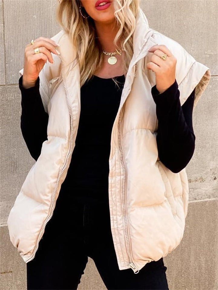 Women's Casual Solid Color Zip Up Pockets Stand Collar Sleeveless Vest Padded Coats