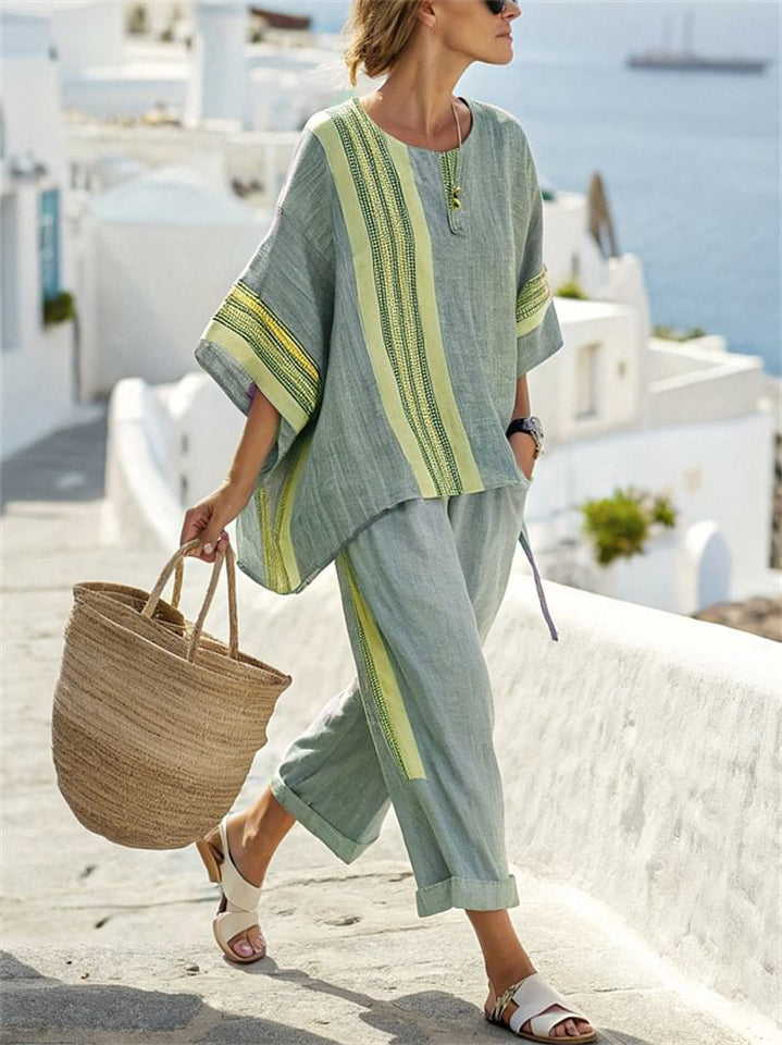 Women's 2pcs Summer Casual Contrasr Color Short Sleeve Top & Pants Set