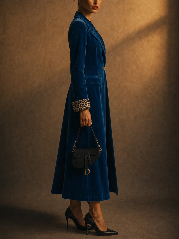 Women Elegant Velvet Leopard Print Cuffs Maxi Coat