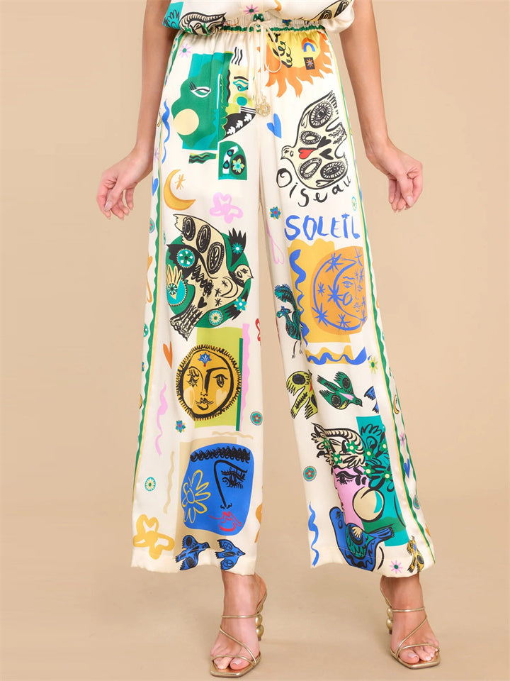 Women's Soft Satin Elastic Waist Graffiti Straight-Leg Pants