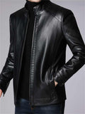 Men's ‌Stand Collar Thermal Lined Faux Leather Jacket for Men with Zipper‌