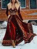 Women's Elegant Velvet Long Dress with Boho Print and Faux Fur Trim‌
