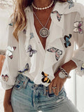 Women's Vintage Printed V Neck Ruffle Elegant Chiffon Shirt