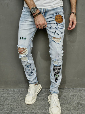 Men's Hip Hop Embroidery Patch Ripped Jeans