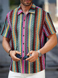 Men's Ethnic Colorful Striped Casual Button-up Short Sleeve Shirts