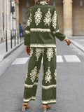 Women's Casual Ethnic Style Printed Long Sleeve Top & Wide Leg Pants Set