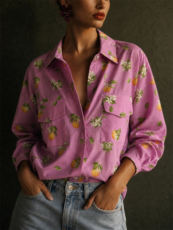Women Pink Lemon Print Long Sleeve Button Down Pocket Blouses