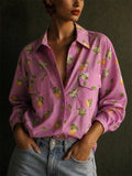 Women Pink Lemon Print Long Sleeve Button Down Pocket Blouses