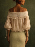 Women Sage Green Champagne Off Shoulder Ruffle Chiffon Blouse Top